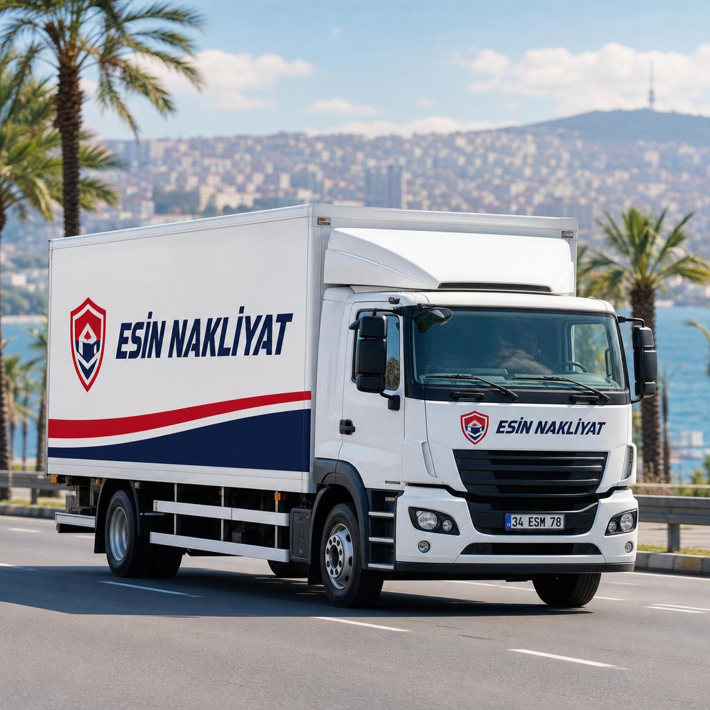 Esin Nakliyat öz mal araç filosu Esin Nakliyat logolu beyaz nakliyat kamyonu Mersin sahil yolunda